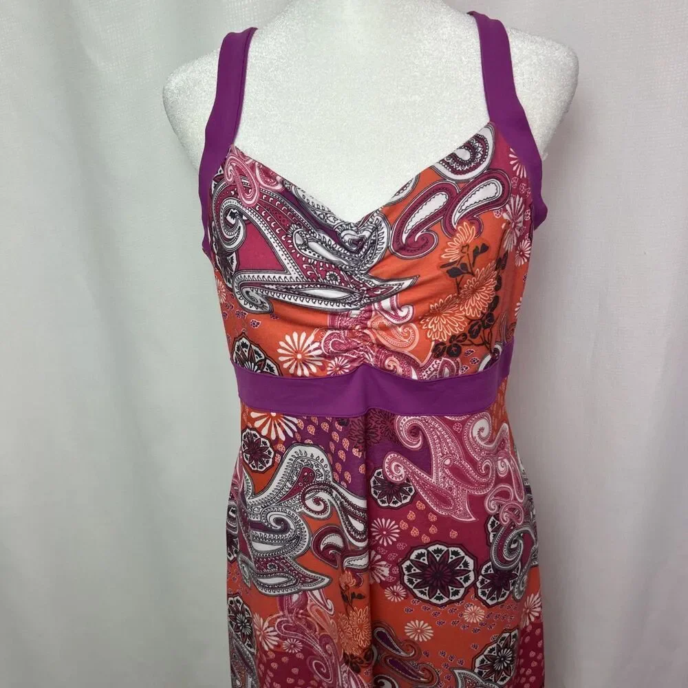 Prana Athletic Dress Women’s Medium Self Bra Fuchsia Orange Paisley Fit Flare - Picture 2 of 10